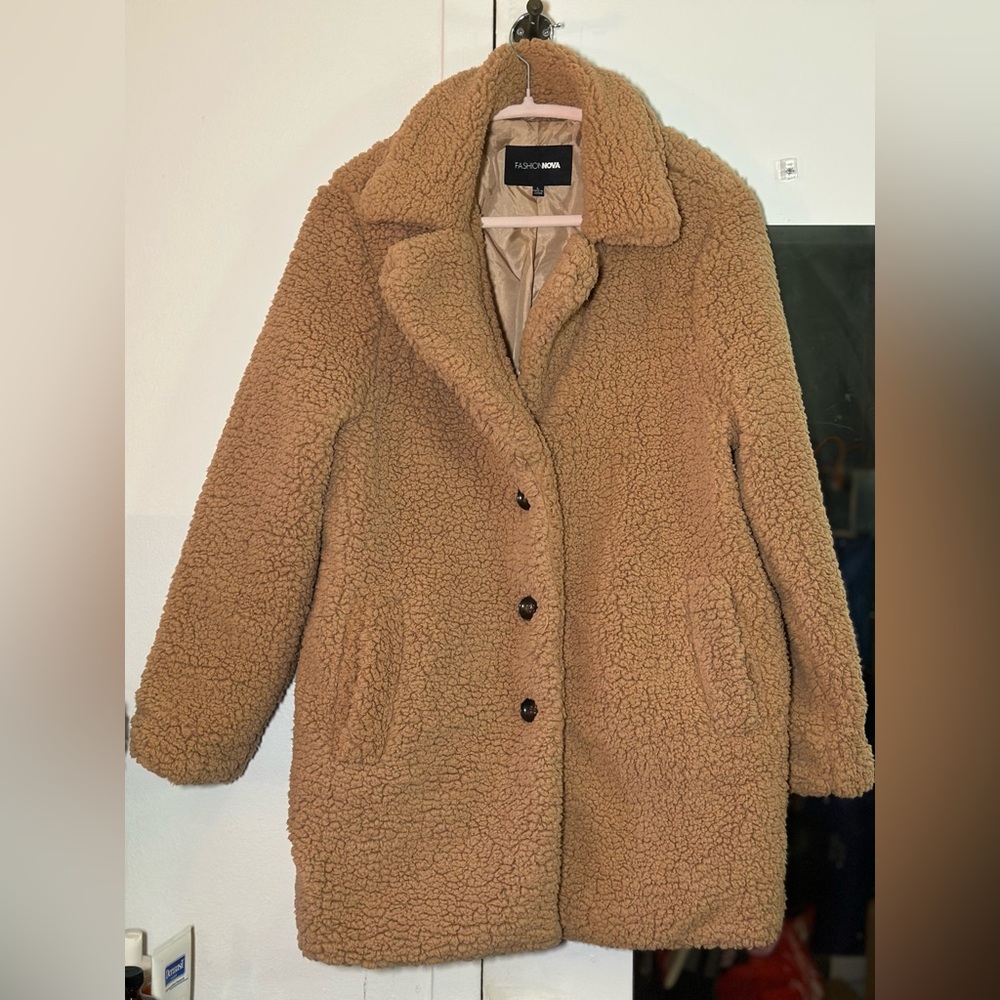 Fashion Nova Camel Sherpa Coat Teddy Bear Fur Trench coat